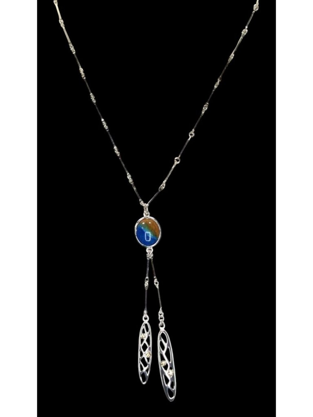 A/Line Bohemian Silver tone Necklace With Blue & Honey Pendant Openwork Dangle C